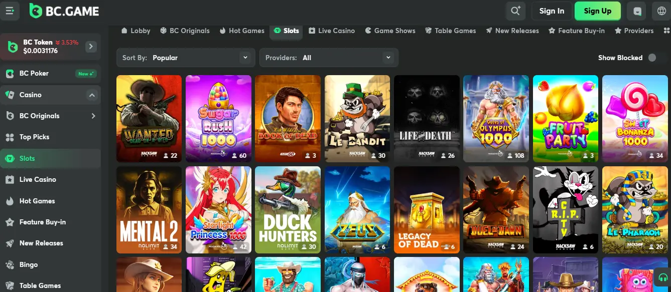 CCN.com screenshot of BC.Game slots section